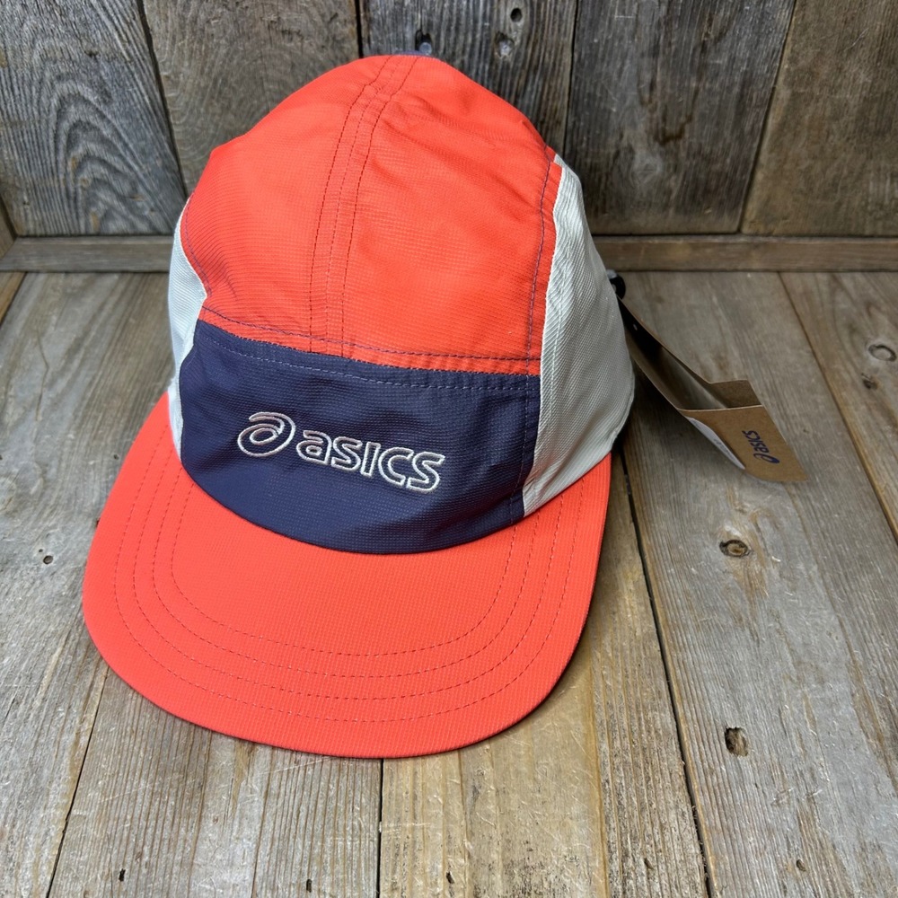 Asics 5-Panel Running Hat Orange Navy Blue White Adjustable Ripstop Camp Cap NEW